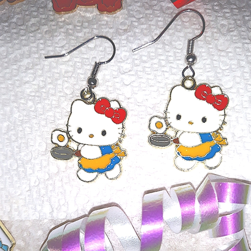 Hello Kitty Cook Dangle Earrings Enamel on Stainless Steel Earwires NEW